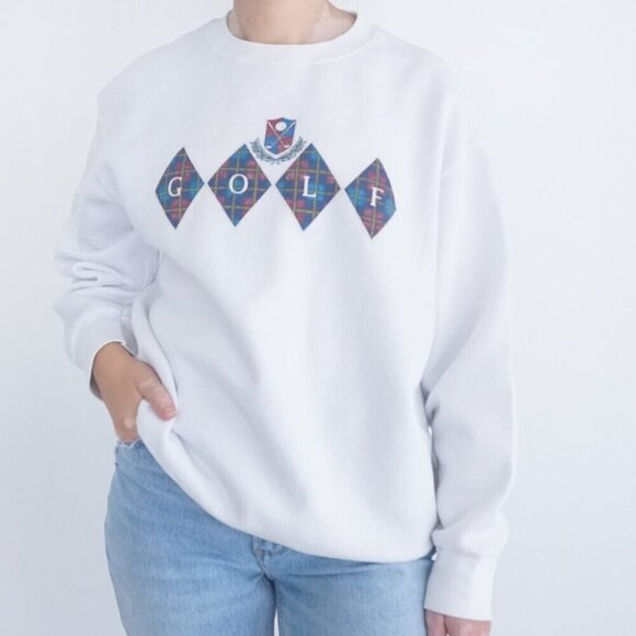 Vintage Fruit Of The Loom White Golf Spellout Crewneck Sweater L - Picture 1 of 12